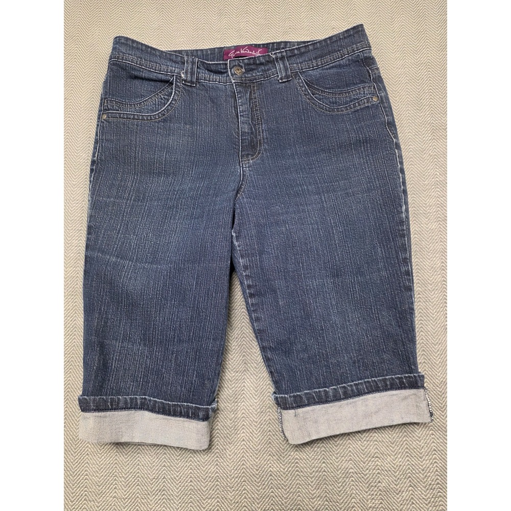 Gloria Vanderbilt Amanda Dark Indigo Denim Cuffed Capri Shorts‎ Womens 14 Blue